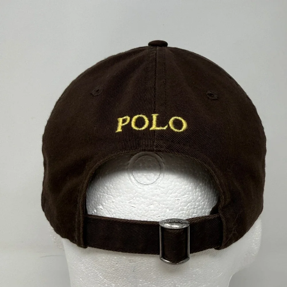 Polo Ralph Lauren Mens Brown Yellow Pony Logo Cotton Strapback Baseball Hat Cap